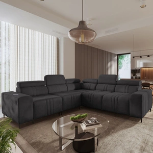 Narożnik z funkcją spania Castel III grafitowy lewostronny narożnik z dwoma pojemnikami na pościel regulowane zagłówki