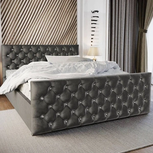 Łóżko tapicerowane Uberaba 180x200 szare z pojemnikiem w nowoczesnym skandynawskim stylu z pikowanym wezgłowiem i zanóżkiem z kryształkami