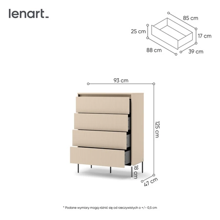 Komoda z szufladami Trend 93 cm beżowa wysoka komoda z gustownymi ryflowanymi frontami idealny mebel do sypialni lub przedpokoju