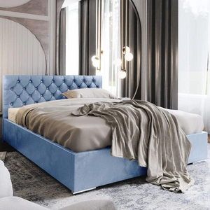 Łóżko tapicerowane Bauru 180x200 błękitne z pojemnikiem w nowoczesnym skandynawskim stylu z pikowanym zagłówkiem z kryształkami