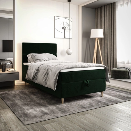 Łóżko kontynentalne Bing 90x200 butelkowa zieleń w nowoczesnym skandynawskim stylu z tapicerowanym zagłówkiem łóżko z pojemnikiem