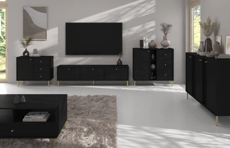 Komoda z szufladami Kioto II 84 cm czarny grafit nowoczesny design subtelne złote uchwyty metalowa podstawa idealna komoda do salonu