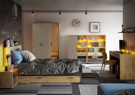 Regał Qubic 90 cm dąb artisan / raw steel designerski i stylowy regał z oświetleniem i pojemnymi szufladami oryginalna kolorystyka