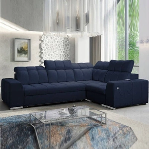 Narożnik z funkcją spania Luigi II granatowy prawostronny komfort podczas codziennego wypoczynku narożnik z pojemnikiem na pościel