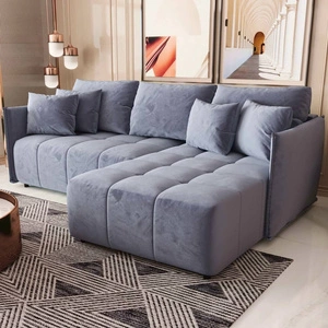 Narożnik z funkcją spania Oroso błękitny prawostronny miękka tkanina typu velvet z powłoką hydrofobową pojemnik na pościel