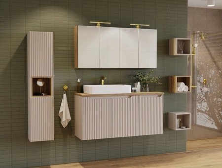 Szafka łazienkowa wisząca Nova 40 cm beżowa funkcjonalna i elegancka szafka wyposażona w kosz na pranie stylowy frezowany uchwyt