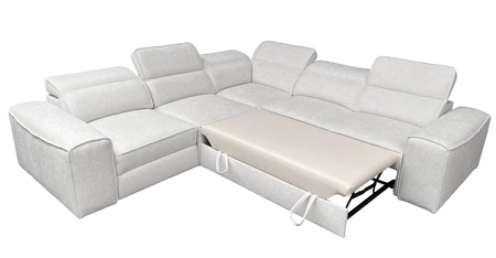 Narożnik z funkcją spania Viano III Lux jasny brąz lewostronny nowoczesny narożnik z wysuwanym podnóżkiem pojemnik na pościel