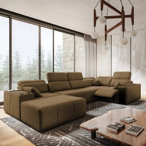 Narożnik z funkcją spania Tesalia IV Lux brązowy lewostronny stylowy narożnik z wysuwanym podnóżkiem oraz funkcją przesuwanego oparcia