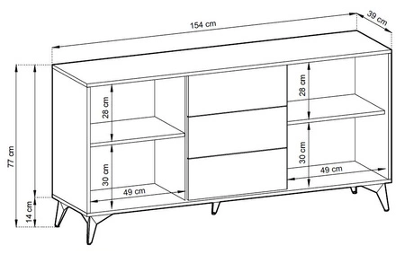 Komoda z szufladami Gusto 154 cm czarna / dąb evoke nowoczesny design mebla drzwi komody ozdobione dekorem jodełki