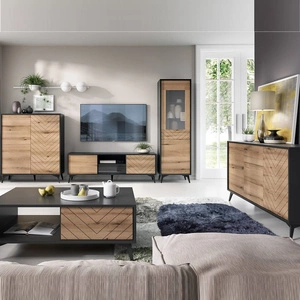Zestaw mebli Gusto czarny / dąb evoke nowoczesny design funkcjonalne meble do salonu lub pokoju dziennego meblościanka z ozdobnym dekorem jodełki