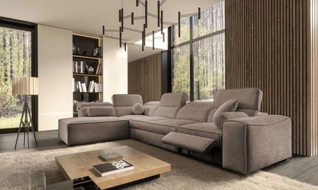 Narożnik z funkcją spania Viano XI Lux jasny brąz lewostronny designerski narożnik z wysuwanym podnóżkiem i pojemnikiem na pościel