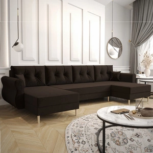 Narożnik z funkcją spania Wilkins U brązowy komfortowy narożnik miękka tkanina nowoczesny design wpisujący się w każdą aranżację