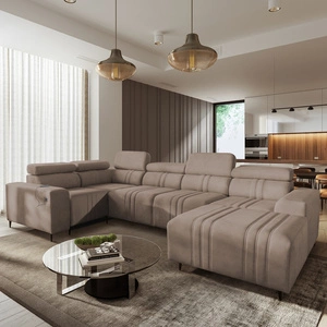 Narożnik z funkcją spania Castel IV jasny brąz prawostronny stylowy narożnik z pojemnikami na pościel i regulowanymi zagłówkami