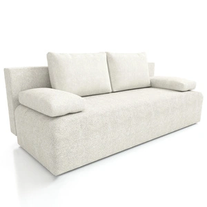 Kanapa rozkładana Zoe biała funkcjonalna sofa o prostym minimalistycznym designie pojemnik na pościel tkanina typu boucle