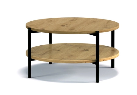 Stolik kawowy okrągły 84 cm Sampi dąb artisan z dodatkową półką lekki design metalowa podstawa idealny stolik do każdej aranżacji
