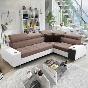 Narożnik z funkcją spania Dafni II jasny brąz / biały prawostronny pleciony narożnik z pojemnikiem na pościel szuflada w boczku mebla