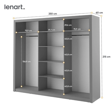 Szafa przesuwna z lustrem Arti 250 cm szara pojemna szafa do sypialni przedpokoju lub garderoby drzwi szafy wykończone dużymi lustrami