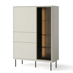 Witryna Epiro 99 cm beżowy / dąb ciemny gustowna witryna szklana z szufladą i klimatycznym oświetleniem ledowym