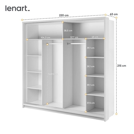 Szafa przesuwna z lustrem Arti 220 cm biała ergonomiczna szafa do sypialni lub przedpokoju energooszczędne oświetlenie ledowe