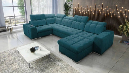 Narożnik z funkcją spania Luigi IV turkusowy prawostronny elegancki narożnik do salonu wykonany z miękkiej tkaniny typu velvet