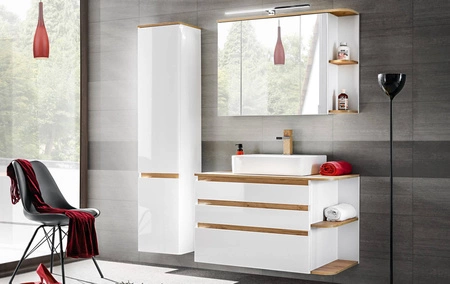 Szafka pod umywalkę nablatową Platinum 94 cm biały połysk / dąb craft złoty wysokiej jakości szafka łazienkowa z szufladami