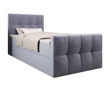 Łóżko kontynentalne Manhattan 100x200 błękitne w nowoczesnym skandynawskim stylu z tapicerowanym zagłówkiem i zanóżkiem łóżko z pojemnikiem