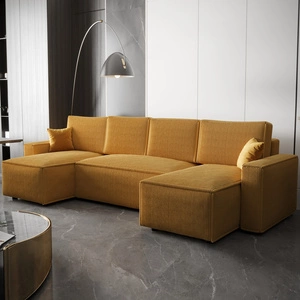 Narożnik z funkcją spania Nelo U miodowy komfortowy i nowoczesny narożnik z pojemnikiem na pościel sztruksowa prążkowana tkanina