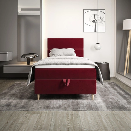 Łóżko kontynentalne Bing 90x200 bordowe w nowoczesnym skandynawskim stylu z tapicerowanym zagłówkiem łóżko z pojemnikiem