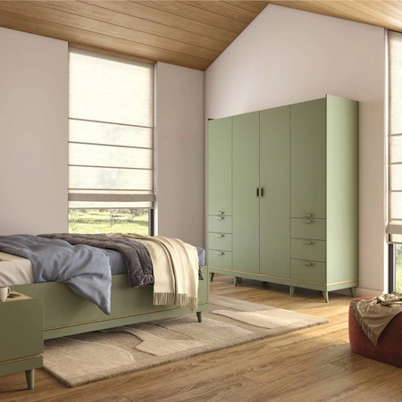 Szafa Scandia 190 cm zielona / dąb olejowany praktyczna szafa do sypialni lub pokoju nastolatka osadzona na wysokich nogach pojemne szuflady
