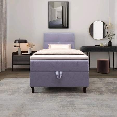 Łóżko kontynentalne Melba 100x200 błękitne w nowoczesnym skandynawskim stylu z tapicerowanym zagłówkiem łóżko z pojemnikiem