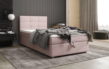Łóżko kontynentalne Fresno 90x200 pudrowy róż w nowoczesnym skandynawskim stylu z tapicerowanym zagłówkiem łóżko z pojemnikiem