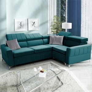 Narożnik z funkcją spania Rava II lazurowy prawostronny velvet komfortowy narożnik z pojemnikiem na pościel wielofunkcyjna lampka