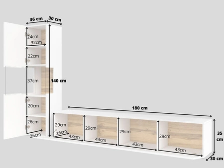 Meblościanka Ava biała / dąb wotan z możliwością powieszenia nowoczesny design szkło hartowane