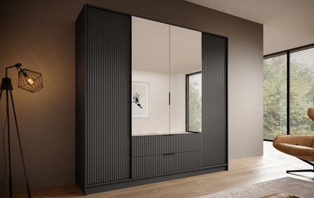 Szafa z lustrem Norel 200 cm grafitowa stylowa szafa o nowoczesnym designie z ryflowanymi frontami i pojemnymi szufladami