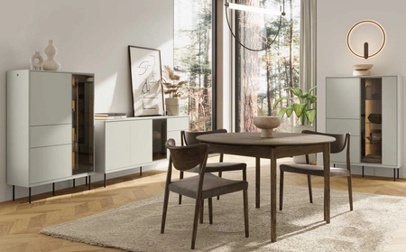 Witryna Epiro 99 cm beżowy / dąb ciemny stylowa witryna szklana z szufladą w stylu minimalistycznym z oświetleniem system push to open