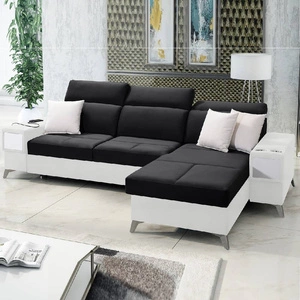 Narożnik z funkcją spania Elgin czarny / biały prawostronny narożnik z regulowanymi zagłówkami praktyczne szuflady w boczkach mebla