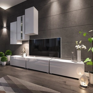 Meblościanka Viva biały połysk uniwersalne rozwiązanie do salonu idealny wybór dla osób poszukujących praktycznych i nietuzinkowych rozwiązań