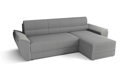 Narożnik z funkcją spania Fogu II szary popiel prawostronny stylowy narożnik z komfortowymi podłokietnikami i pojemnikiem na pościel