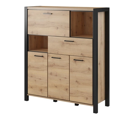 Komoda wysoka Aktiv 120 cm dąb taurus / czarny designerska komoda z szufladą w stylu industrialnym czarne metalowe uchwyty