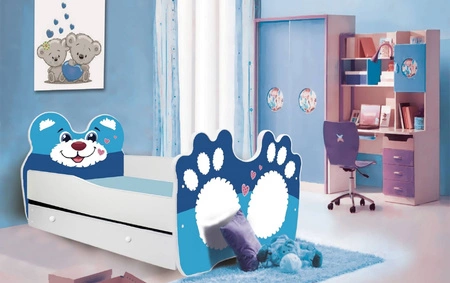Łóżko Bear 70x140 cm biały / niebieski małe łóżko z materacem i szufladą na pościel w kształcie misia z uroczym nadrukiem niedźwiadka