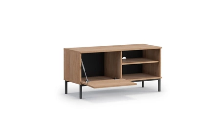 Szafka RTV Tutti 100 cm dąb hikora prosta forma szafki osadzona na metalowej podstawie w kolorze czarnym elegancka stylistyka