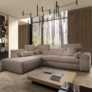 Narożnik z funkcją spania Viano VII jasny brąz lewostronny modny i stylowy narożnik z regulowanymi zagłówkami ozdobne poduszki