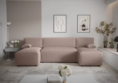 Narożnik z funkcją spania Brandon U jasny brąz pojemnik na pościel trójwymiarowa tkanina o wyrazistych prążkach