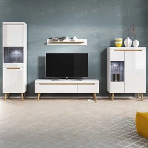 Meblościanka Atka biała / biały połysk / dąb riviera nowoczesny design obrzeża wykończone specjalną okleiną bezpieczne szkło hartowane