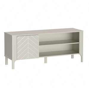 Szafka RTV Malumi 135 cm beżowa nowoczesna forma szafka pod telewizor z ozdobnym wzorem jodełki na frontach wysokie nogi