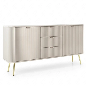 Komoda z szufladami Zoya 168 cm beżowa elegancki design owalny kształt bryły osadzony na złotych nogach gustowny ryflowany front