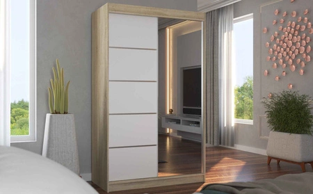 Szafa przesuwna z lustrem Nicea 120 cm dąb sonoma jasny / biały pojemna szafa z ozdobnymi listwami ergonomiczny układ wnętrza