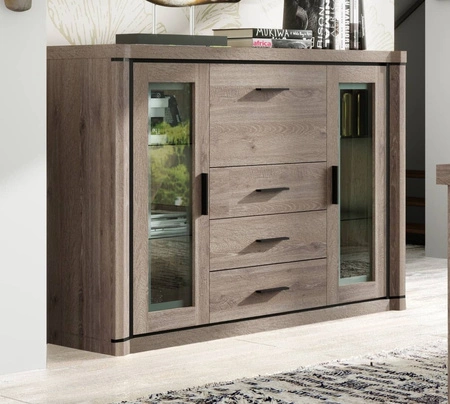 Komoda z szufladami Dallas 157 cm dąb truflowy / czarny elegancka stylistyka mebla wzbogacona o stylowe czarne dodatki przeszklone fronty