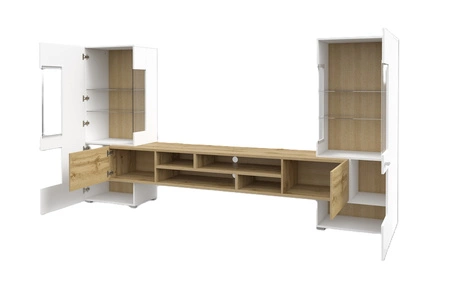 Zestaw mebli Coby biały / biały połysk / dąb wotan stylowe meble o ciekawym designie srebrne uchwyty meblościanka do salonu elementy z szkła hartowanego