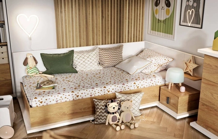 Szafka nocna Simi biały / hikora naturalna prawa stylowa szafka do łóżka dziecięcego szafka z szufladą i dodatkową półką